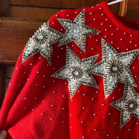 Vintage Caché Red Star Sequin Sweater 80s Lambswool Angora Knit, Beaded Size L - Picture 4 of 8